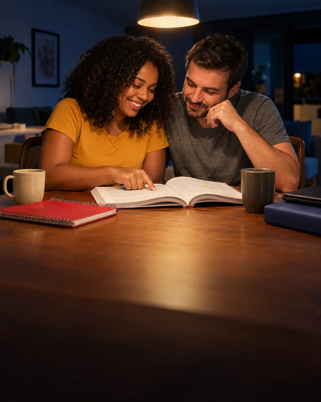 Casal estudando italiano à mesa de casa, com o livro e o caderno