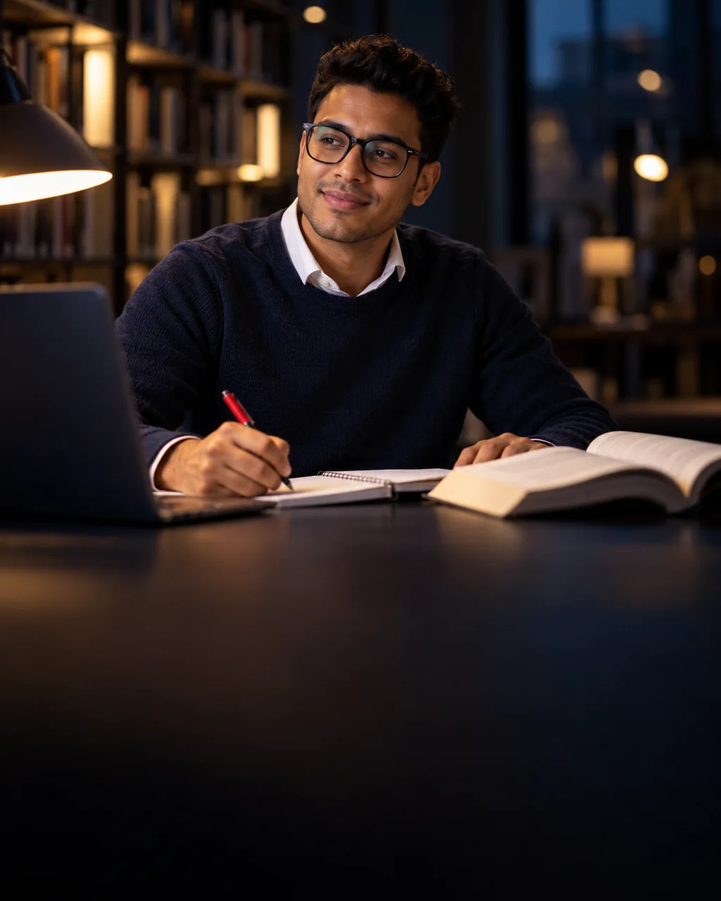 Profissional estudando italiano em uma biblioteca, com notebook e material